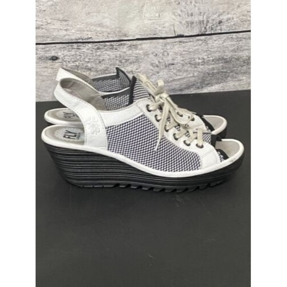 Fly London Yedu Platform size 8B Lace up Wedge Heel Women’s Shoes White Black - Picture 4 of 12